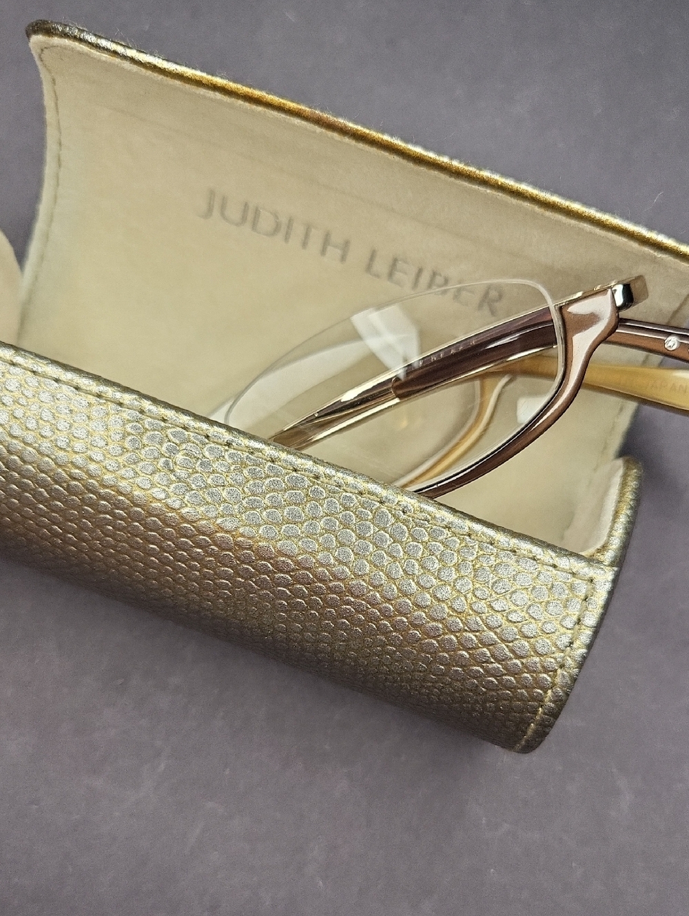 Judith Leiber Gold Textured Eyeglass Case with Rose Gold Frames